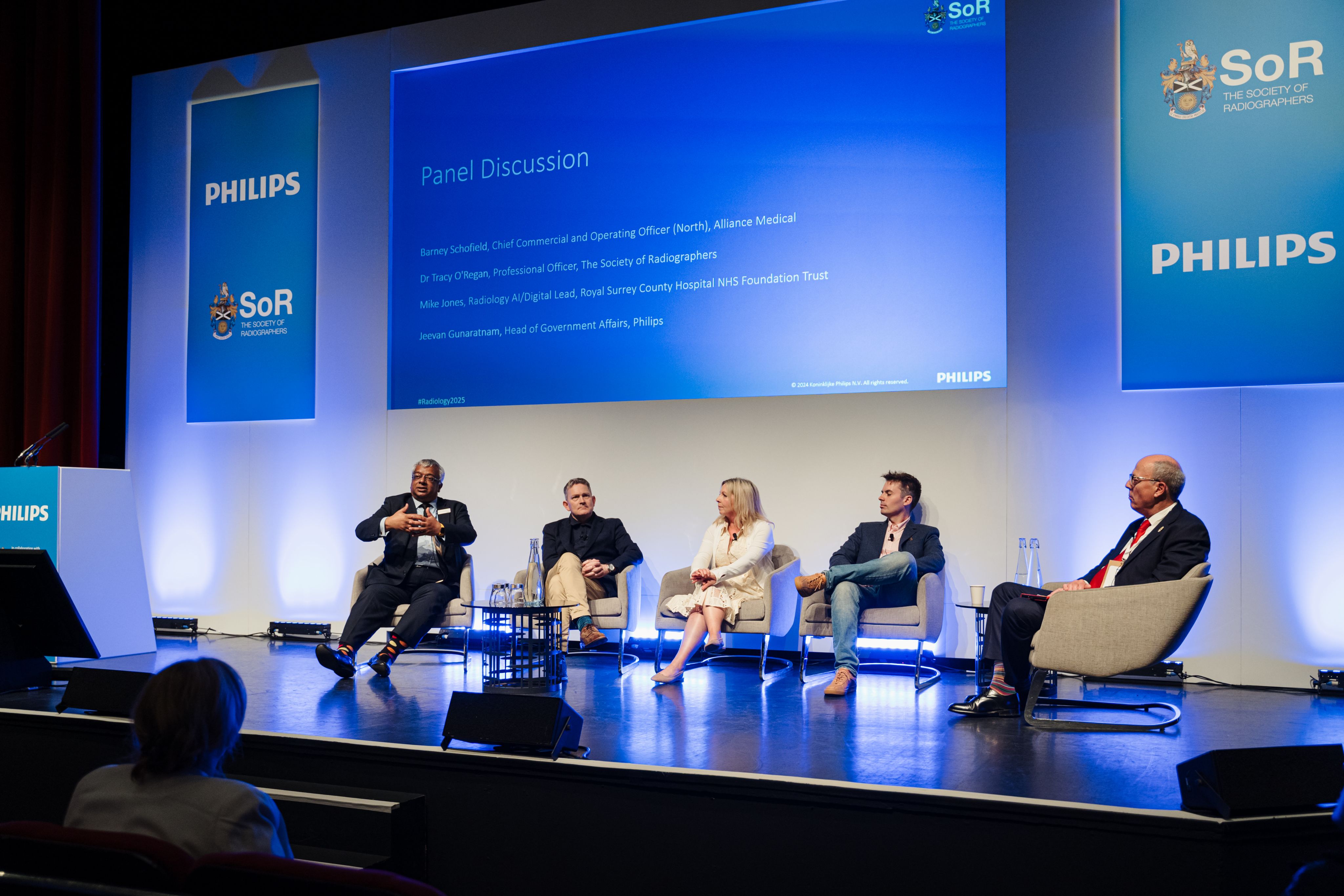 (L-R) Jeevan Gunaratnam, head of government affairs at Philips, Barney Schofield, chief commercial and operating officer (north) at Alliance Medical, Dr Tracy O’Regan, professional officer at the SoR, Mike Jones, radiology/AI digital lead at Royal Surrey County Hospital NHS Foundation Trust, and Richard Evans, CEO of the SoR